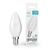 Лампа светодиодная филаментная Basic Filament 4.5Вт Свеча 4100К Е14 400лм milky GAUSS 1035125