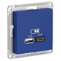 Розетка USB AtlasDesign тип A+C 5В/2.4А 2х5В/1.2А механизм аквамарин SE ATN001139