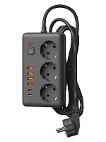 Удлинитель с сетевым фильтром 3х3м 10А 4USB + 2USBC 2500Вт ПВС 3х1 прямоуг. черн. КОСМОС FKsm3m-3gPF(B)USB