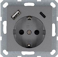 Розетка Shuko 16А с заземл. защ. шторки с 2-мя заряд. устройствами USB тип A+C 25Вт механизм алюм. Jasmart G5501USB-25S